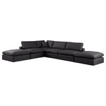 Meridian Furniture - Comfy Upholstered L-Shaped Modular Sectional, Black, 6-Piece: 3 Armless Chair, 1 Corner Chair, 2 Ottoman, Vegan Leather - Give your space a whole new look with this black Comfy vegan leather sectional. This handsome sectional fits nicely with other items in the Comfy collection and is a versatile seating option designed for adaptability, comfort and style. Wrapped in rich black durable vegan leathered upholstery, this sectional offers a plush embrace of overstuffed down feather cushions, carefully crafted to deliver the highest level of comfort. The perfect seat for creating an oasis for relaxation, this sectional has thick foam surrounding its frame for added support and coziness.