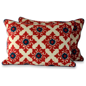 NOVICA Romantic Red And Embroidered Cushion Covers  (Pair)