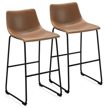 Modern Upholstered Faux Leather Barstools, Whiskey Brown