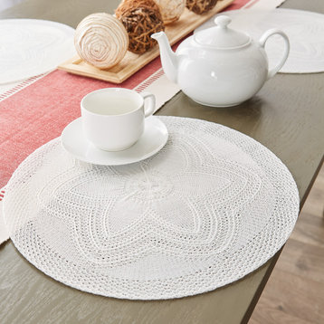 White Floral Pp Woven Round Placemat, Set Of 6