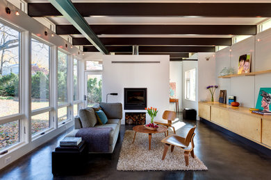 Example of a mid-sized minimalist enclosed family room design in Other with a standard fireplace and no tv