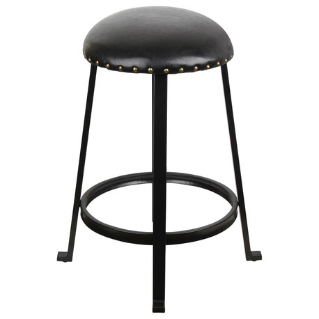 Round Backless Metal Bar Stool, Vegan Leather Seat, Set of 4