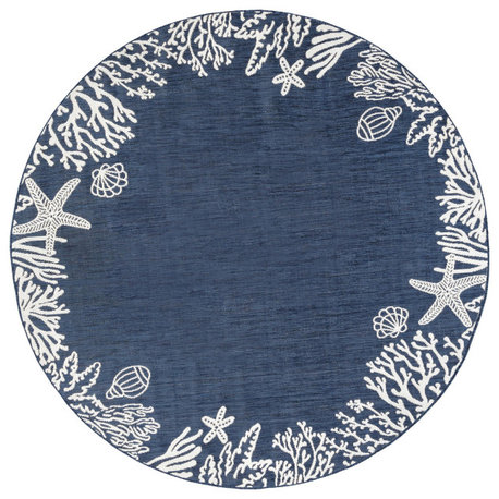 Biscayne Novelty Coastal Navy/Cream Round Indoor/Outdoor Area Rug, 5'