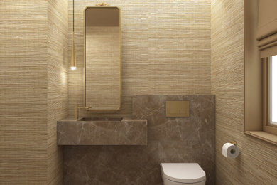 Powder room - small modern marble tile marble floor, tray ceiling and wallpaper powder room idea in Chicago with brown cabinets, a wall-mount toilet, beige walls, an integrated sink, marble countertops and a built-in vanity