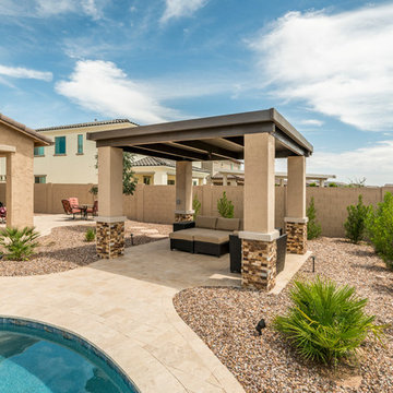 Tropical Pool Landscape with Travertine Deck, Custom Pergola in Mesa