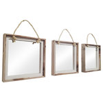 My Barnwood Frames - Set Of 3 Mirrors, Hanging On Rope - These 3 beautiful square mirrors offer a unique modern farmhouse look to any room in your home. The mirrors are made with a combination of reclaimed and new wood to create a neutral look that is easy on the eyes. They are finished off with rope and a natural metal hook. These will be a hit and will be a conversation piece in your home. Exterior mirror dimensions- 16x16. Includes 3 Industrial metal hooks . *Color: Reclaimed wood with white wash. Frame Width: 2-1/4" total. Mirror sizes are listed according to exterior dimensions. *PLEASE NOTE: Because of the possible variances in computer monitor colors and reclaimed wood colors, your completed frame may vary slightly in color and texture from the one you see pictured here.