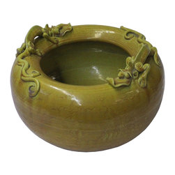 Handmade Chinese Ceramic Distressed Yellow Dragon Motif Bowl - Decorative Bowls