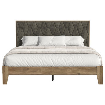 PVTcus with Velvet Wood Frame Upholstered Queen Platform Bed with Headboard, Knotty Oak Brown With Velvet Brown