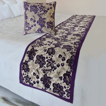 Designer Purple Velvet CA King 86"x18" Bed Runner, Floral, Velvet - Plum Petal