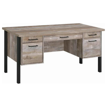 Rustic Desk, Spacious Rectangular Top With 4 Drawers & Cabinet, Weathered Oak