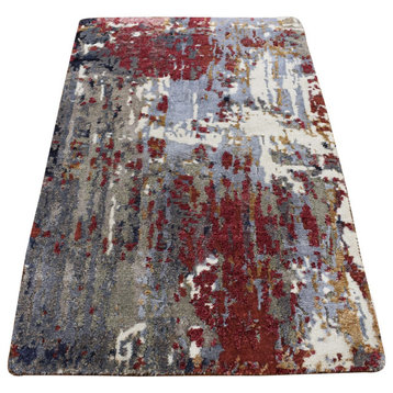 Gray Abstract Design Wool and Silk Hand Knotted Mat Rug 2' x 3'