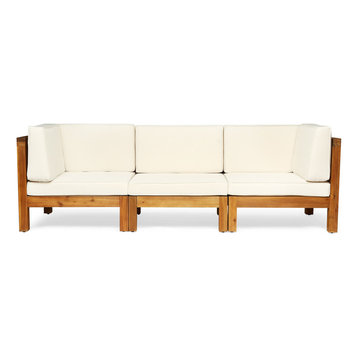 GDF Studio Dawson Outdoor 3-Seater Acacia Wood Sectional Sofa Set, Teak/Beige