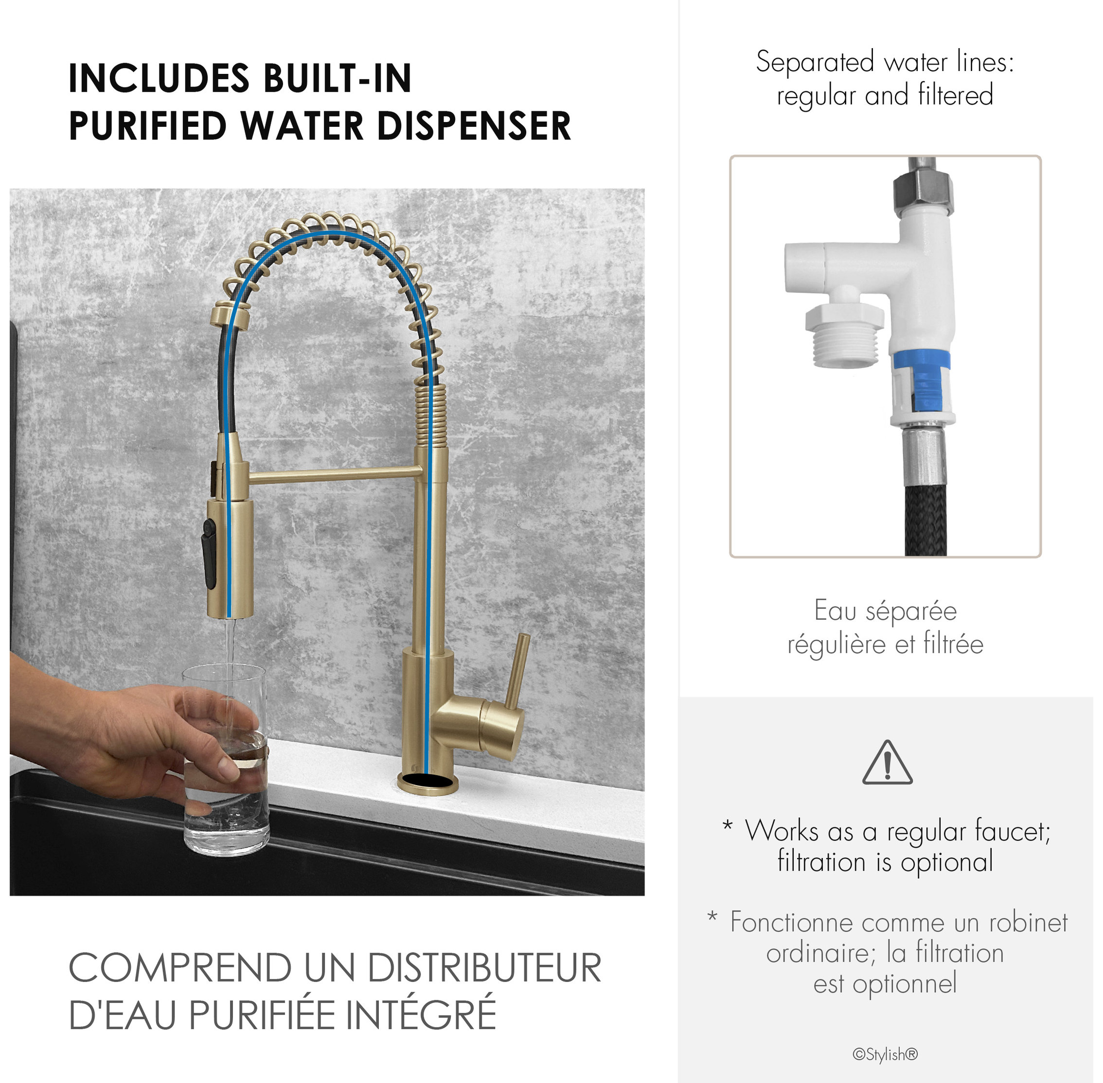 STYLISH Milano Pull-Down Kitchen Faucet with water filter, Stainless Steel., Brushed Gold