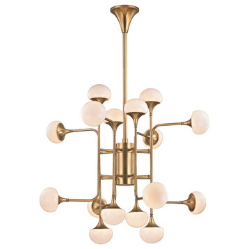 Fleming 16-Light Chandelier - Aged Brass Finish with Opal Glossy Glass