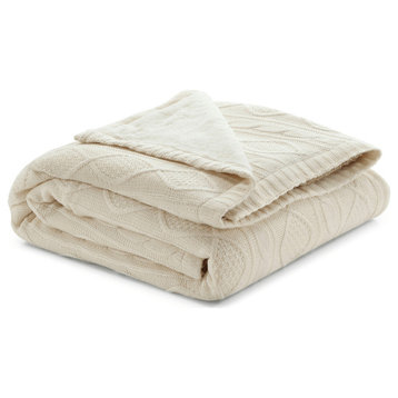 Cream Knitted Acrylic Solid Color Throw Blanket