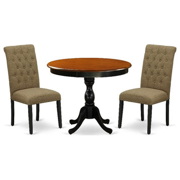 AMBR3-BCH-17 - Table and 2 Light Sable Linen Fabric Chairs - Black Finish