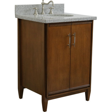 25" Single Sink Vanity, Walnut Finish With Gray Granite and Oval Sink