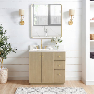 Oza Bath Vanity, Stone Top, Aged Natural Oak, 36", Single Vanity, No Mirror