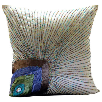 Peacock Feather Ivory Art Silk 16"x16" Decorative Pillow Covers, Peacock Beauty