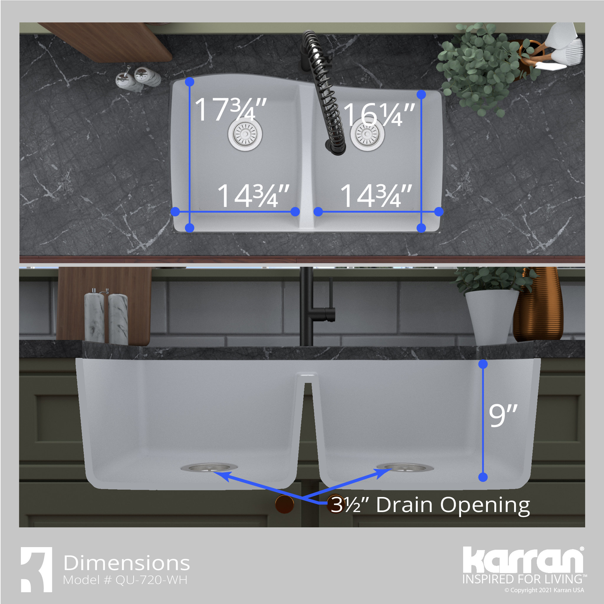 Karran Undermount Quartz 33" 50/50 Double Bowl Kitchen Sink Kit, White