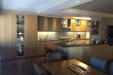 Example of a transitional galley medium tone wood floor and beige floor eat-in kitchen design in New York with an undermount sink, flat-panel cabinets, light wood cabinets, quartz countertops, gray backsplash, stainless steel appliances and a peninsula