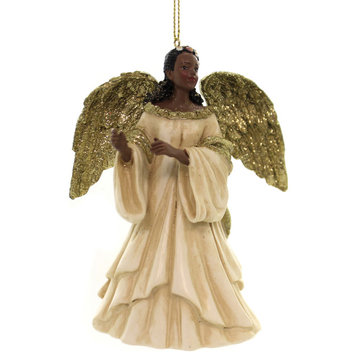 Holiday Ornament Black Angel In Gold/Ivory Dress African American C7607 Long