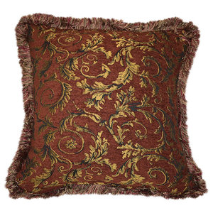 red and gold leaf floral chenille decorative throw pillow with fringe for couch