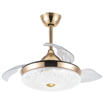 Crystal Shade Pendant Ceiling Fan with Concealable Fan Blades, Gold