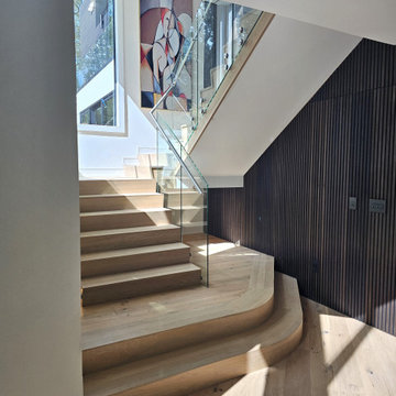 Project #129 | Modern White Oak Staircase with Slanted Risers
