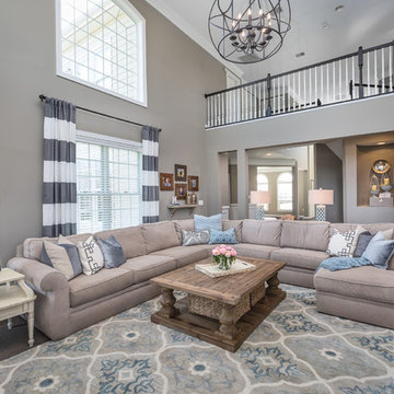 2 Story Family Room with Horizontal Stripe Curtains