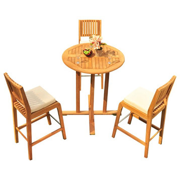 4-Piece Outdoor Patio Teak Bar Set: 36" Round Table, 3 Maldives Armless Chairs