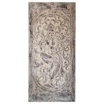 Mogul Interior - Consigned Vintage Carved Wood Whitewash Krishna Accent Wall Decor Panel 84 - Infuse your space with serenity and artistry with this Vintage Carved Wood Whitewash Krishna Accent Wall Decor Sliding Door Panel. This exquisite piece captures Krishna in a graceful pose, playing his flute amidst a backdrop of nature and blooming flowers, symbolizing peace, love, and divine harmony. Hand-carved with intricate detail and finished in a rustic whitewash, the panel exudes timeless elegance and a calming presence. Whether used as a decorative wall accent or a functional sliding door, it transforms any space into a tranquil haven, making it a perfect addition to meditation rooms, yoga studios, or eclectic living spaces.