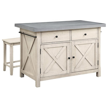 Pemberly Row Kitchen Island in Engineered Wood with Cement Gray Top and 2 Stools