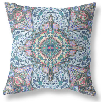 18� Pale Blue Pink Medallion Indoor Outdoor Zippered Throw Pillow
