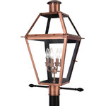 Quoizel - Rue De Royal 4-Light Outdoor Lantern, Aged Copper - From the Charleston Copper Lantern Collection this piece gives you the historic look of gas lighting but without the hassle of a propane feed. It is all electric solid copper and hand riveted giving your home the romantic reproduction style of antique gas lights still popular today on many of the charming homes in New Orleans and Charleston.