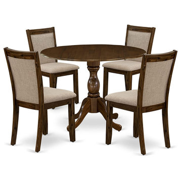 5 Pieces Dining Set, Table With Drop Leaves & Linen Cushioned Chairs, Walnut