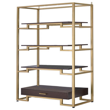 Wood And Metal Bookshelf With Shelves And Drawer, Brown And Gold
