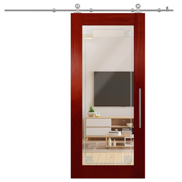 Solid Tropical Oak Sliding Barn Door With Mirror Insert,38"X81", 38"x81" Inches,
