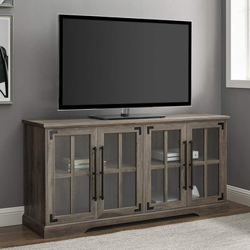 Farmhouse TV Stand, Doors With Glass Front & Cable Management, Grey