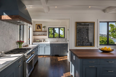 Large trendy l-shaped dark wood floor eat-in kitchen photo in San Francisco with an undermount sink, recessed-panel cabinets, wood countertops, stainless steel appliances, an island and blue cabinets