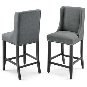 Counter Stool Chair, Set of 2, Fabric, Wood, Gray, Modern, Bar Pub Bistro