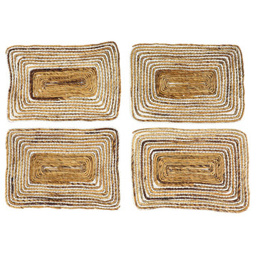 Rectangular Striped White and Natural Banana Leaf Wicker Placemats, Set of 4