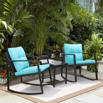 Modern Patio Set, 2 Rattan Rocking Chairs With Glass Coffee Table