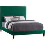 Meridian Furniture - Harlie Velvet Upholstered Bed, Green, Queen - Give your room an instant boost of drama and style when you add this Harlie bed to the mix. This queen-size bed features a soft green velvet exterior that's both chic and sleekand just the thing to add modern beauty to your decor. Brass nailheads lend this magnificently crafted bed an elegant vibe, while brass caps on the leg amplify its sophisticated demeanor. An extra-tall design makes sure this Harlie bed gets the bulk of attention in your bedroom.