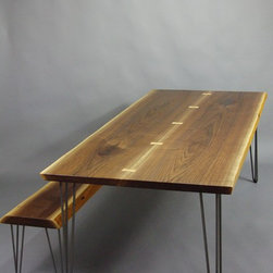 Walnut Live Edge Slab Dining Table and Bench - Furniture
