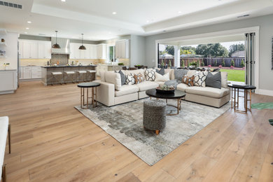 Large trendy open concept light wood floor, gray floor and tray ceiling family room photo in San Francisco with gray walls, a standard fireplace, a stone fireplace and a wall-mounted tv