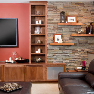 Traditional look-out basement in Minneapolis with red walls and carpet.
