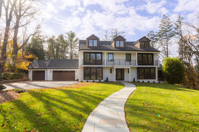Large contemporary white three-story brick and clapboard exterior home idea in Baltimore with a mixed material roof and a black roof