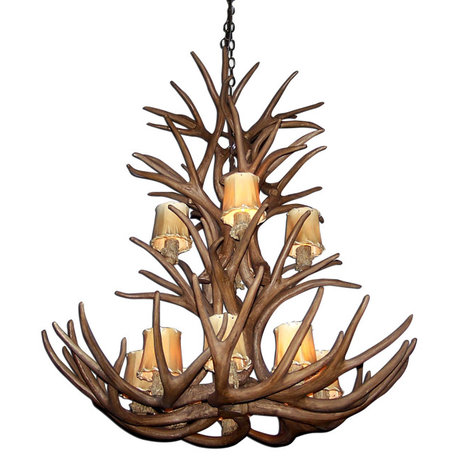 Reproduction Antler Mule Deer Cascade Chandelier, Large, Rawhide Shades