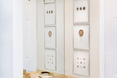 Doorless shower - huge eclectic master white tile and ceramic tile marble floor doorless shower idea in Los Angeles with a console sink, recessed-panel cabinets, dark wood cabinets, marble countertops, a hot tub, a bidet and beige walls